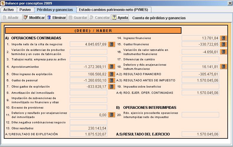 Balance por conceptos: Perdidas y ganancias